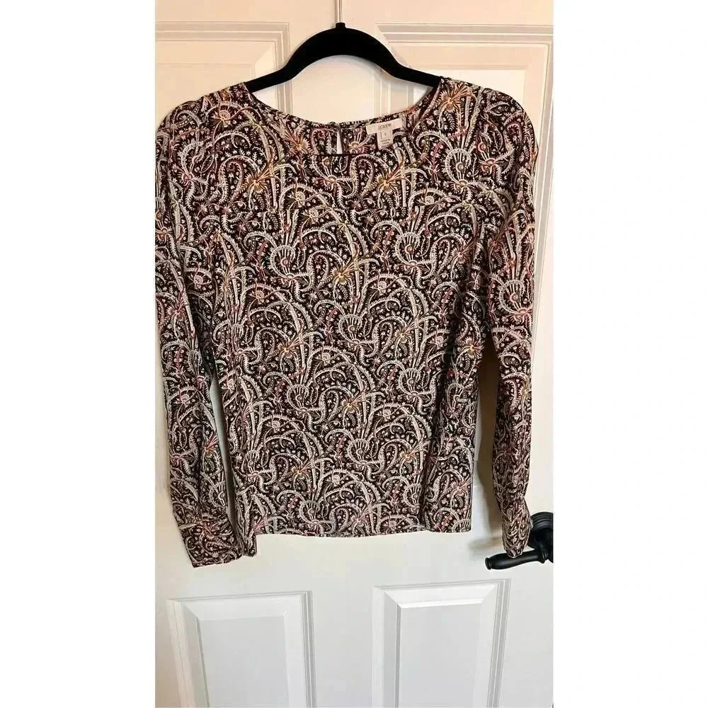 J. Crew Women’s Size 0 Paisley Long Sleeve‎ Blouse Shirt Keyhole Back